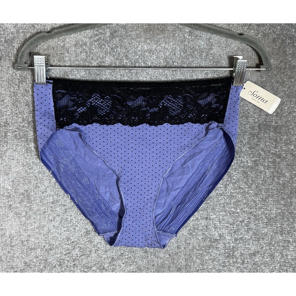 Soma Lace Trim High Leg Brief Panty Womens Sz Large Little Dot Blue Chill New